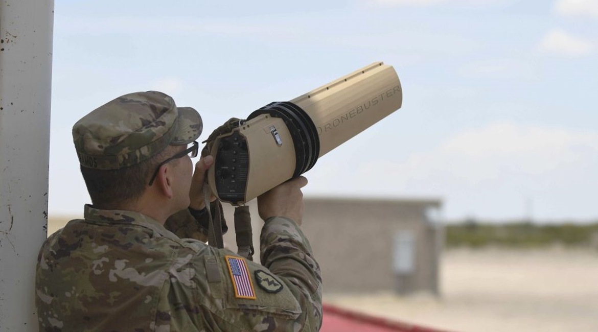 A US Army soldier tests a counter unmanned aerial system (CUAS) device at McGregor Range Complex, New Mexico.