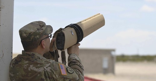 A US Army soldier tests a counter unmanned aerial system (C-UAS) device at McGregor Range Complex, New Mexico.