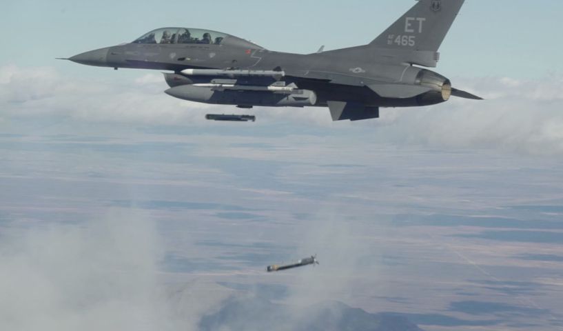 Collaborative Small Diameter Bombs (CSDBs) are launched from the wing of an F-16 fighter from the Air Force Test Center’s 96th Test Wing at Eglin Air Force Base, Florida. Four of the bombs were dropped during the second flight demonstration of the Golden Horde Vanguard on 19 February. (AFRL)