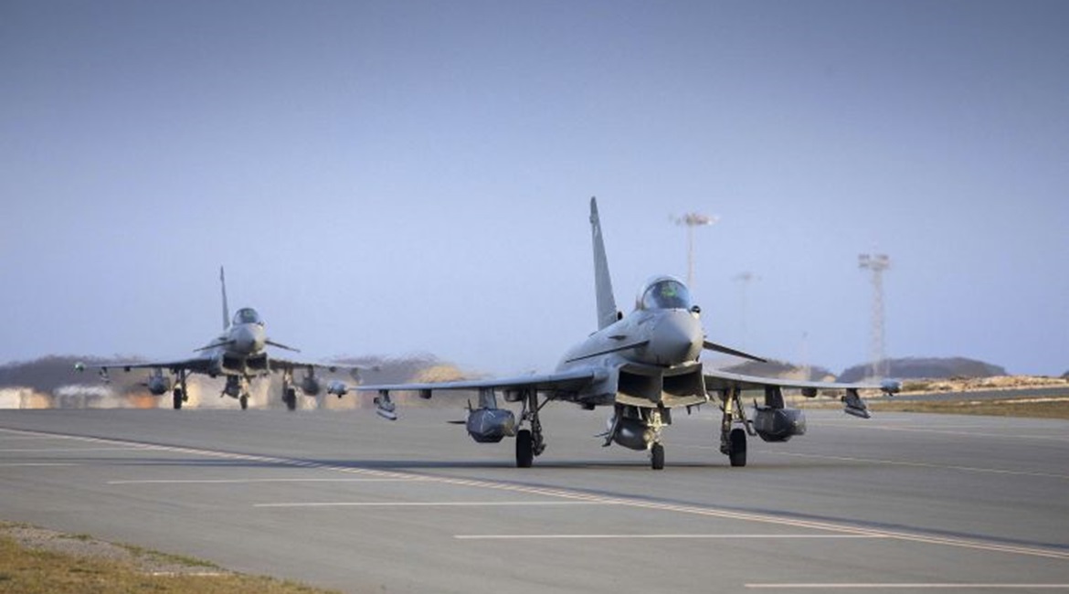RAF Typhoons loaded with Storm Shadow cruise missiles take off from RAF Akrotiri in Cyprus to carry out a strike against Islamic State cave complexes in northern Iraq on 10 March.