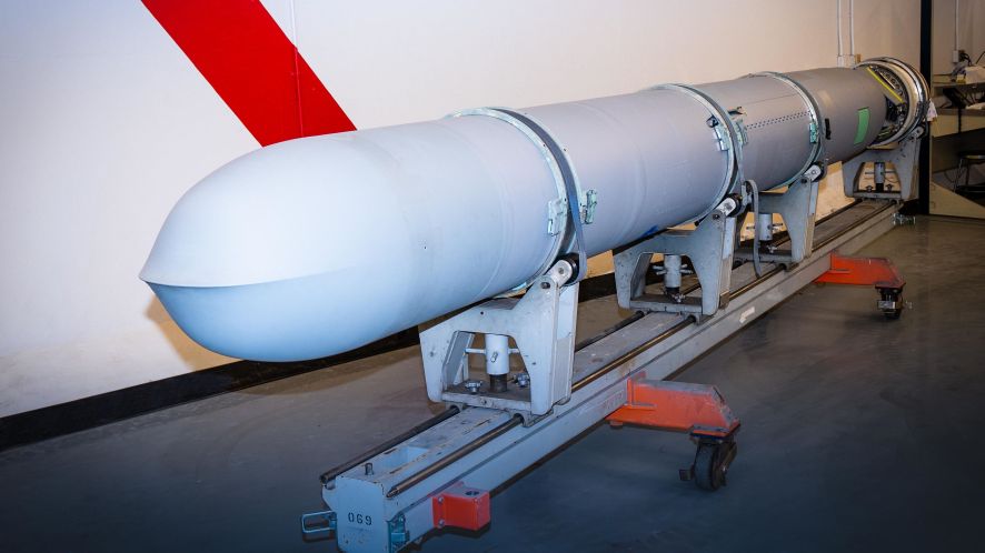 A Block V Tomahawk off the recertification production line at Raytheon’s Camden, Arkansas, facility in March 2021. ( Raytheon Technologies)