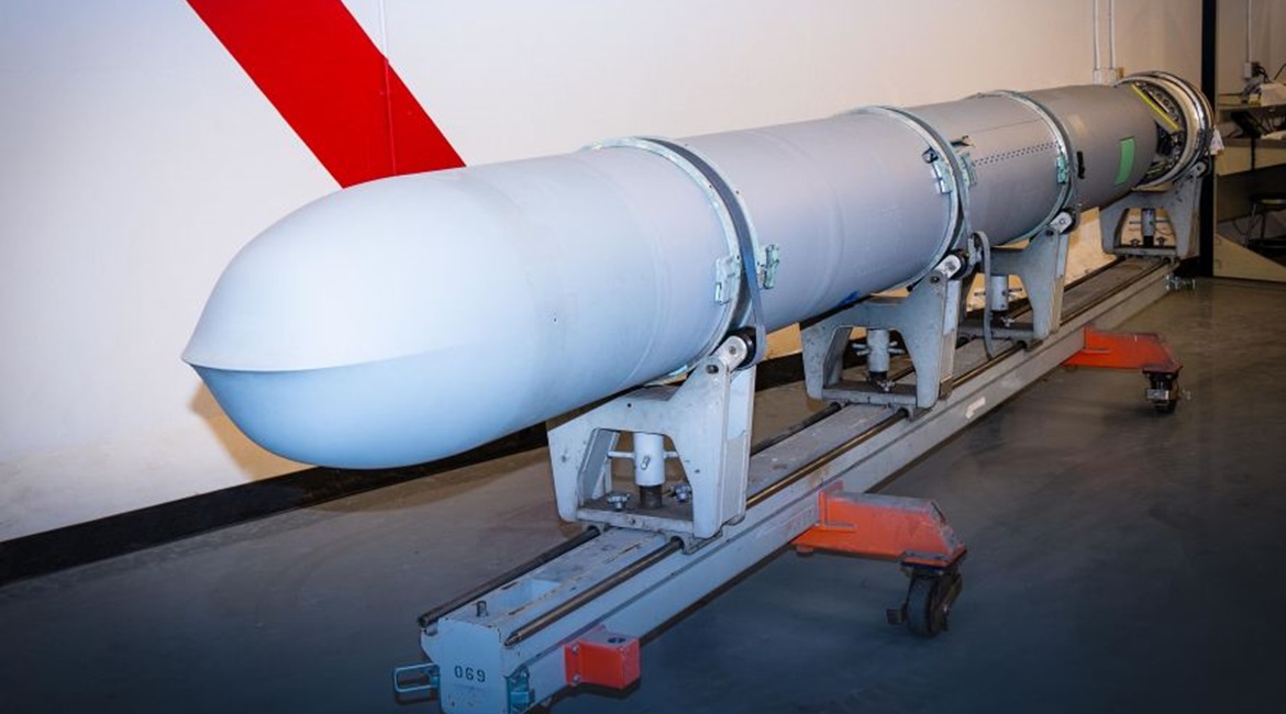 A Block V Tomahawk off the recertification production line at Raytheon's Camden, Arkansas, facility in March 2021.