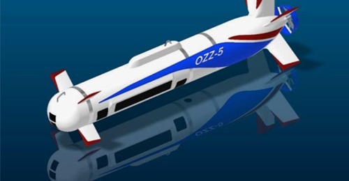 A computer-generated image of MHI's OZZ-5 autonomous underwater mine countermeasure vehicle.