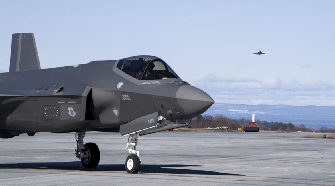 An F-35A assigned to the 134th Fighter Squadron, Vermont Air National Guard, takes off during a training exercise on 12 March 2021. Sources tell 
        
         the USAF's commitment to buying 1,763 F-35As is wavering due to the aircraft's ...