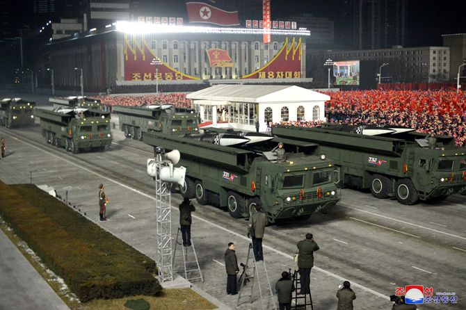 One of the road-mobile SRBM systems paraded by North Korea on 14 January in Pyongyang. The new system, apparently a variant of the KN-23, is believed to have been test-fired on 25 March. (KCNA)