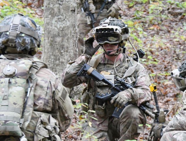 Soldiers from the 82nd Airborne Division use the latest IVAS prototype during a training exercise in October 2020. The US Army has awarded Microsoft with a production contract.   (US Army )