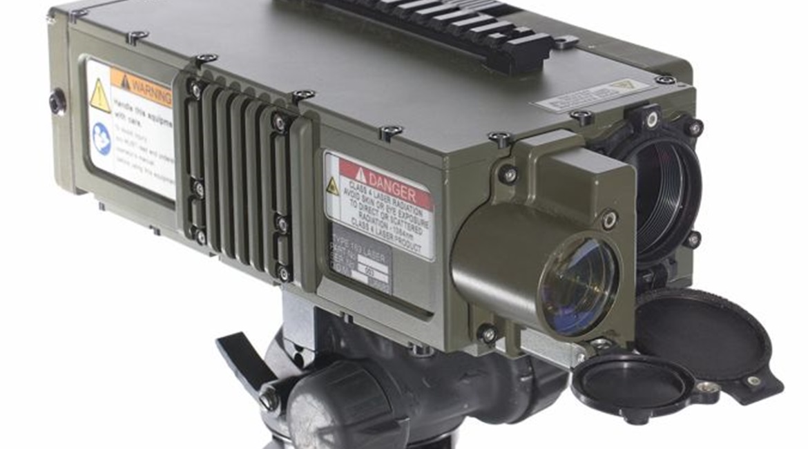 The Leonardo Type 163 laser target designator (front view), mounted on a tripod.