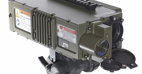 The Leonardo Type 163 laser target designator (front view), mounted on a tripod.