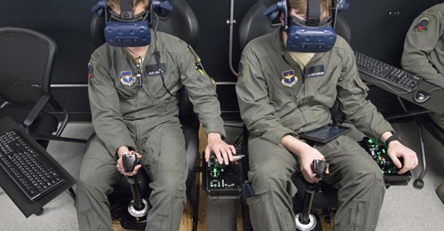 US Air Force training pilots use an AI-enabled virtual reality flight simulation system in Austin, Texas.
