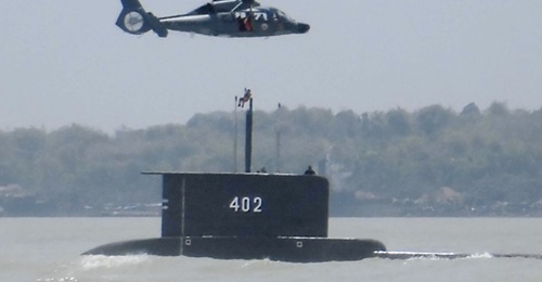 The TNI-AL's second Cakra-class submarine, KRI 
        
        , seen here near Surabaya during a demonstration of its abilities.