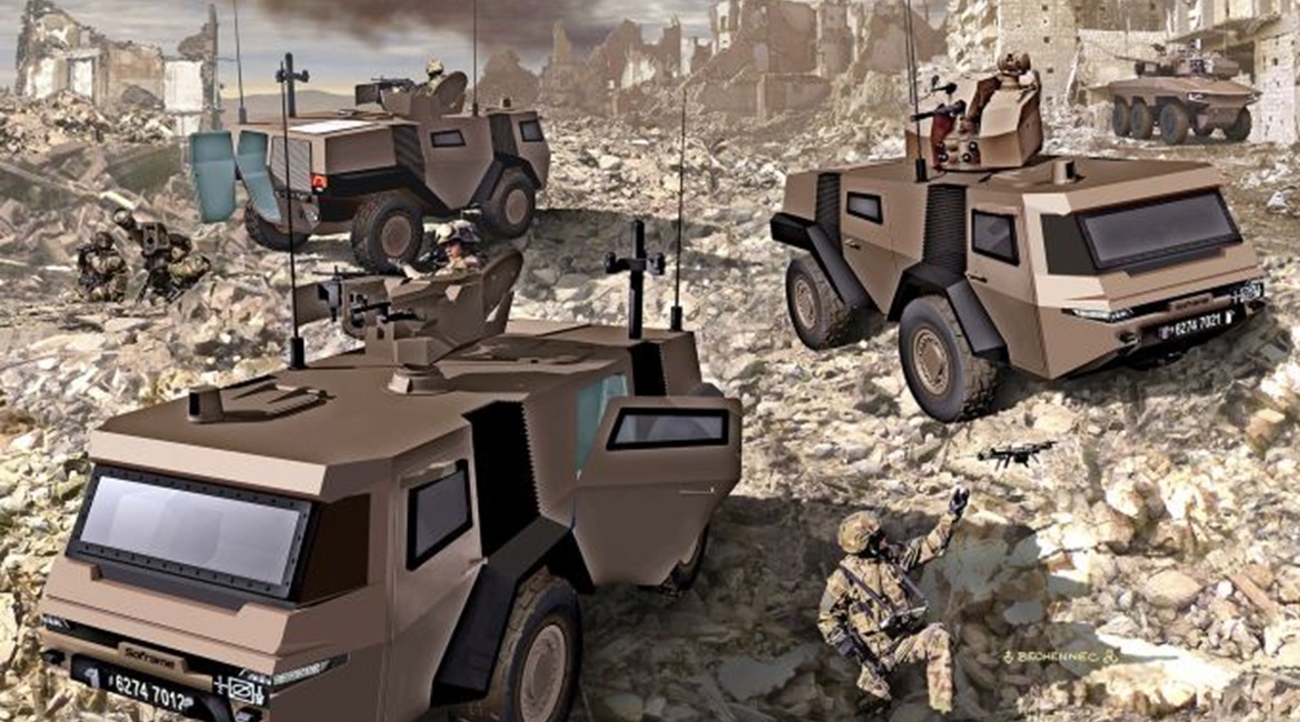 An artistic rendering of the MOSAIC 4×4 reconnaissance vehicle with various weapon systems.
