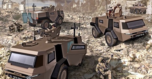 An artistic rendering of the MOSAIC 4×4 reconnaissance vehicle with various weapon systems.