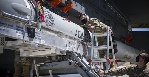 A US Air Force airman helps line up the AGM-183A Air-launched Rapid Response Weapon (ARRW) as it is loaded under the wing of a B-52H on 6 August 2020. The ARRW failed its first booster vehicle flight test on 5 April as it could not complete its launch ...