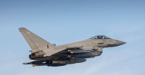An RAF Typhoon carrying a pair of Storm Shadows on what was the aircraft's first operational use of the long-range cruise missile.