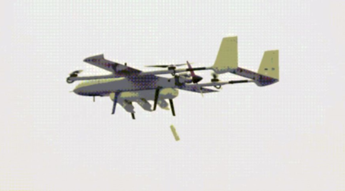 A screenshot from a video released by Zhongtian Feilong on 1 April showing the firm's newly developed 'unmanned airborne swarm system' releasing a smaller UAV while in flight.