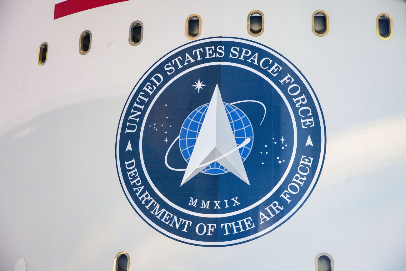 A US Space Force insignia mounted aboard an Advanced Extremely High-Frequency (AEHF-6) satellite testbed. (United Launch Alliance )
