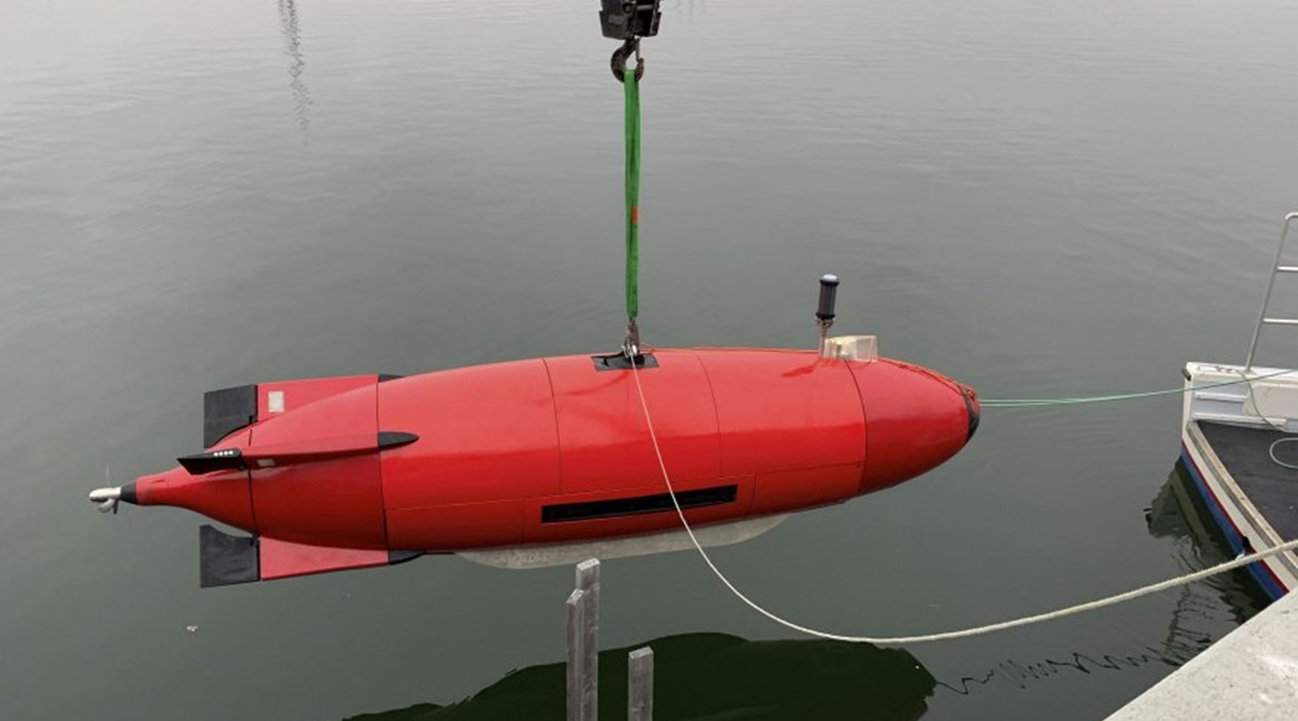 DIVE-LD AUV being lowered into the water for a trial.