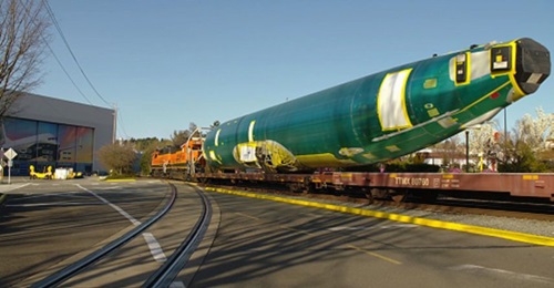 The 737-800 fuselage built by Spirit Aerosystems in Wichita, Kansas, arrived by rail at Boeing's Renton plant on 12 April. It will be mated to 737-900 wings and other flight systems on Boeing Commercial Airplanes' 737 production line, ahead of delivery...