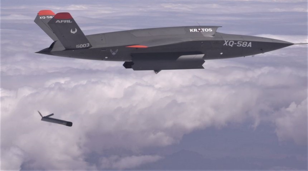 The XQ-58A Valkyrie demonstrates the separation of the Altius-600 sUAS in a test at Yuma Proving Ground, Arizona, on 26 March 2021.