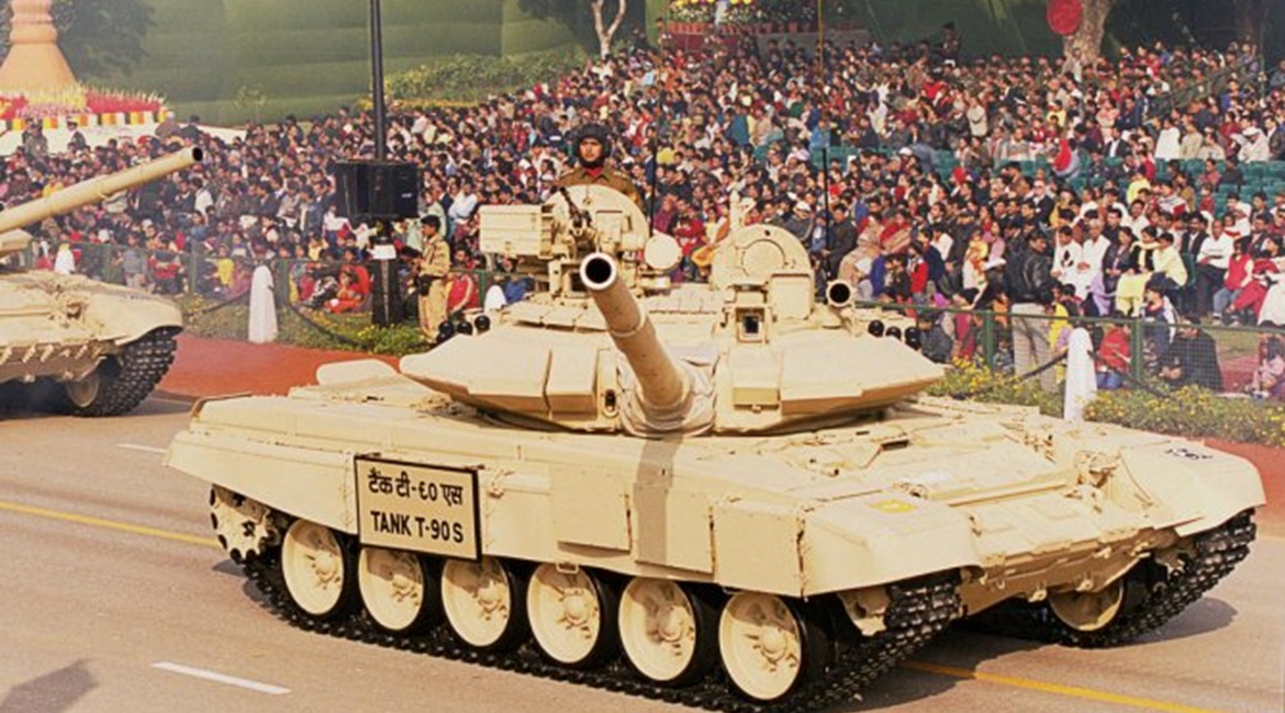 An Indian Army T-90S 'Bhishma' MBT during a military parade in New Delhi. The IA is seeking to acquire 818 modular APSs from local vendors to enhance the survivability of its T-90S/SK MBTs.