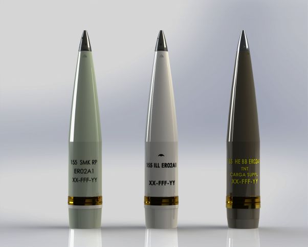 The complete family of EXPAL 155 mm extended range projectiles, from left to right, include smoke, illuminating, and high-explosive versions. (EXPAL)