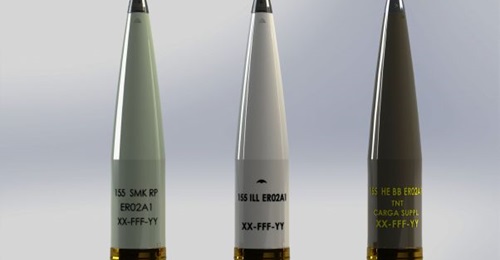 The complete family of EXPAL 155 mm extended range projectiles, from left to right, include smoke, illuminating, and high-explosive versions.