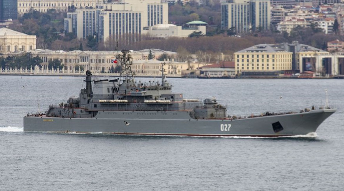 The Russian Northern Fleet Project 775 Ropucha-class large landing ship  
        
         is pictured transiting the Bosphorus en route to the Black Sea on 17 April.