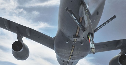 An RSAF A330 MRTT prepares to receive fuel from another A330 MRTT during an air-to-air refuelling demonstration.