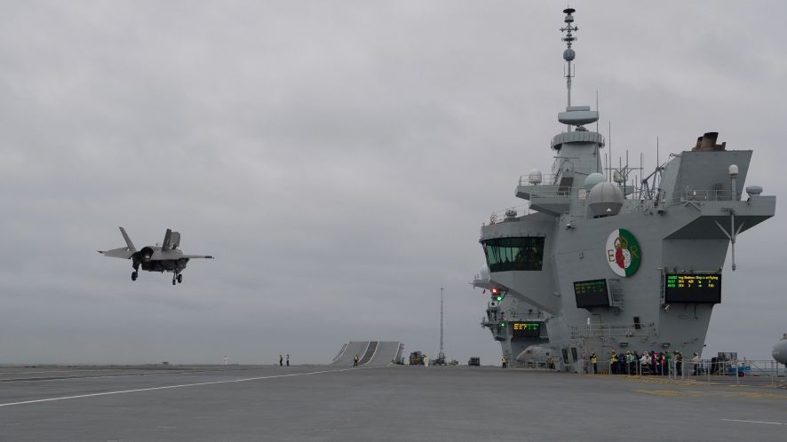 
        An F-35B prepares to land aboard the RN carrier HMS 
        Queen Elizabeth
        . In March, the Naval Air Traffic Management Systems Program Office completed a critical step in readying the ship for its first operational deployment with PALS certification. 
       (US Navy)