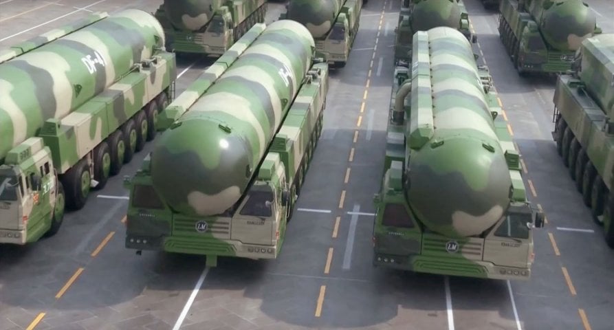Chinese DF-41 ICBMs paraded at Tiananmen Square in Beijing on 1 October 2019. USSTRATCOM Commander Admiral Charles A Richard said on 20 April that China will soon be capable of executing “any plausible nuclear employment strategy” at intercontinental ranges. (Via CGTN video footage)