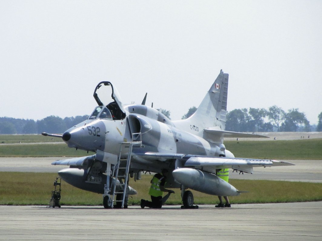 A Douglas A-4N Skyhawk jet belonging to Top Aces (formerly Discovery Air) seen during a recent iteration of the Berlin Airshow in Germany. (Janes/Gareth Jennings)