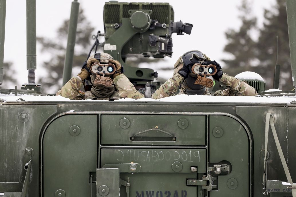Soldiers keep watch during a joint combat live-fire event using the Gepard air defence system at Bemowo Piskie Training Area, Poland, in February 2021. The US Army is trying to fend off potential cuts to its budget next year. (US Army )