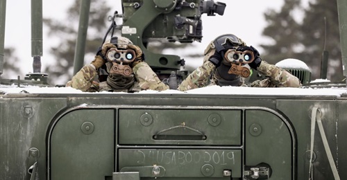 Soldiers keep watch during a joint combat live-fire event using the Gepard air defence system at Bemowo Piskie Training Area, Poland, in February 2021. The US Army is trying to fend off potential cuts to its budget next year.