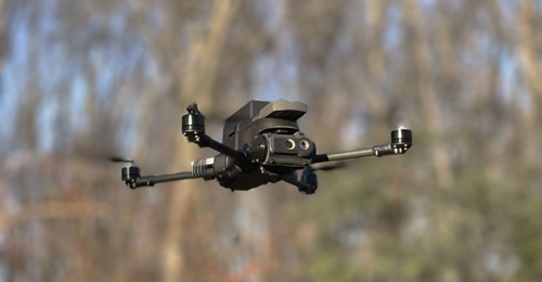 The InstantEye Robotics Mk-3 Gen5-D1/D2(E) Echo palm-sized UAV. The company demonstrated the aircraft at the 2021 US Army Expeditionary Warrior Experiment.