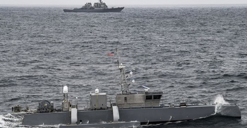 The MDUSV 
        
         seen while participating in 'UxS IBP 21'. The destroyer USS 
        
         is behind.