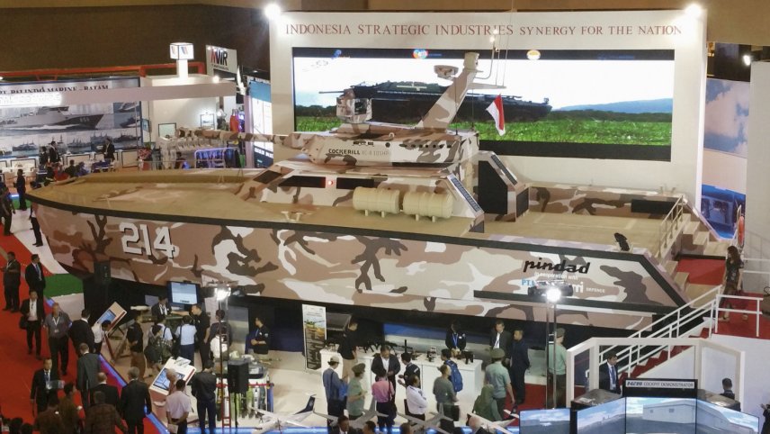 A full-sized mock-up of the tank boat at Indo Defence 2016. A prototype of the vessel was launched in waters off Banyuwangi, East Java, on 28 April.  (Janes/Ridzwan Rahmat)
