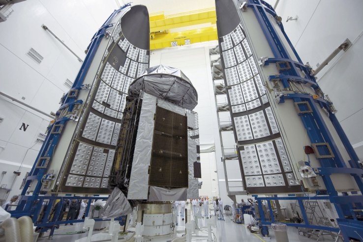 The MUOS 4 communication satellite being prepared for deployment. (United Launch Alliance )