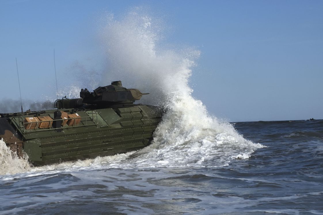 
        An AAV7 amphibious assault vehicle with the 24th Marine Expeditionary Unit enters the water at Camp Lejeune on 3 October 2018 to embark on USS 
        New York
         (LPD 21) in preparation for Exercise ‘Trident Juncture 2018’. 
       (USMC/Gunnery Sgt R Durham)