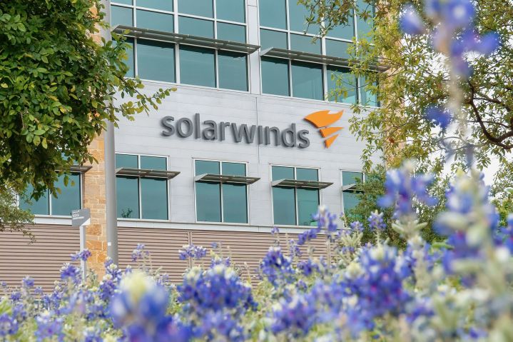 The SolarWinds Corp logo at its headquarters in Austin, Texas, on 15 April 2021. On the same day, the US and UK governments attributed the intrusion campaign against the company to the Russian Foreign Intelligence Service (Sluzhba vneshney razvedki: SVR).  (Suzanne Cordeiro/AFP via Getty Images)
