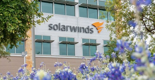 The SolarWinds Corp logo at its headquarters in Austin, Texas, on 15 April 2021. On the same day, the US and UK governments attributed the intrusion campaign against the company to the Russian Foreign Intelligence Service (Sluzhba vneshney razvedki: SV...