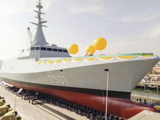 
        Malaysia’s first LCS, 
        Maharaja Lela
        , during its launch ceremony in August 2017. The Malaysian government announced the resumption of the LCS programme on 5 May.
       (Royal Malaysian Navy)