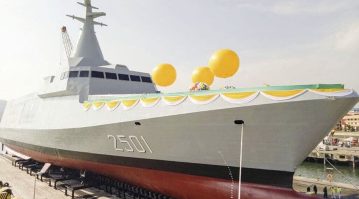 Malaysia's first LCS, 
        
        , during its launch ceremony in August 2017. The Malaysian government announced the resumption of the LCS programme on 5 May.