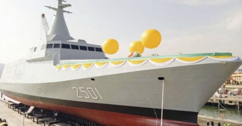 Malaysia's first LCS, 
        
        , during its launch ceremony in August 2017. The Malaysian government announced the resumption of the LCS programme on 5 May.