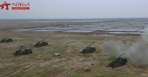 A screengrab from footage released by CCTV on 7 May showing several examples of the PCL-181 SPH during a live-fire exercise conducted by a brigade under the PLAGF's 80th Group Army near the Bohai Sea in China's northeastern Shandong Province.