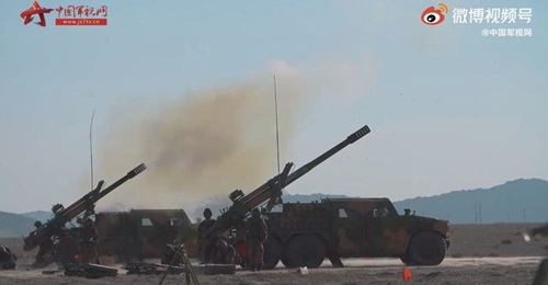A screengrab from footage released by CCTV on 13 May showing a new type of wheeled SPH - commonly referred to as the PCL-171 - taking part in a live-fire exercise with a brigade under the PLAGF's 75th Group Army.