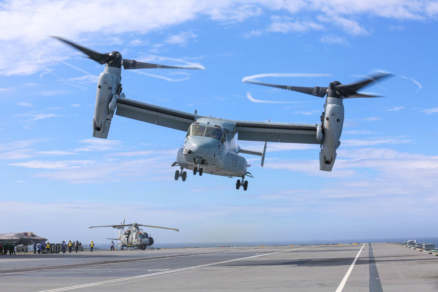 
        An MV-22B with the 24th Marine Expeditionary Unit, Iwo Jima Amphibious Ready Group, lands on HMS 
        Queen Elizabeth
        , at sea on 10 May 2021. The Pentagon is working on a pair of software changes to its fleet of V-22s that will have the aircraft better display existing information to pilots.
       (3rd Marine Aircraft Wing)