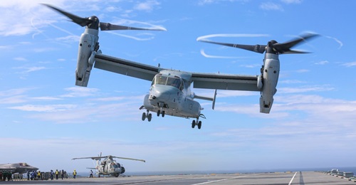 An MV-22B with the 24th Marine Expeditionary Unit, Iwo Jima Amphibious Ready Group, lands on HMS 
        
        , at sea on 10 May 2021. The Pentagon is working on a pair of software changes to its fleet of V-22s that will have the aircraft...