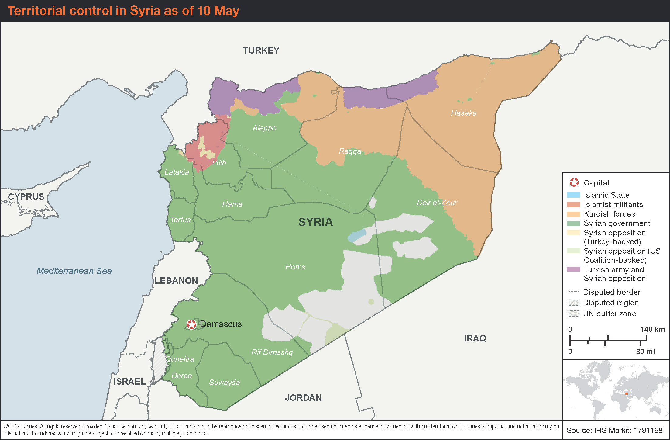 Territorial control in Syria as of 10 May (©2021 Janes)