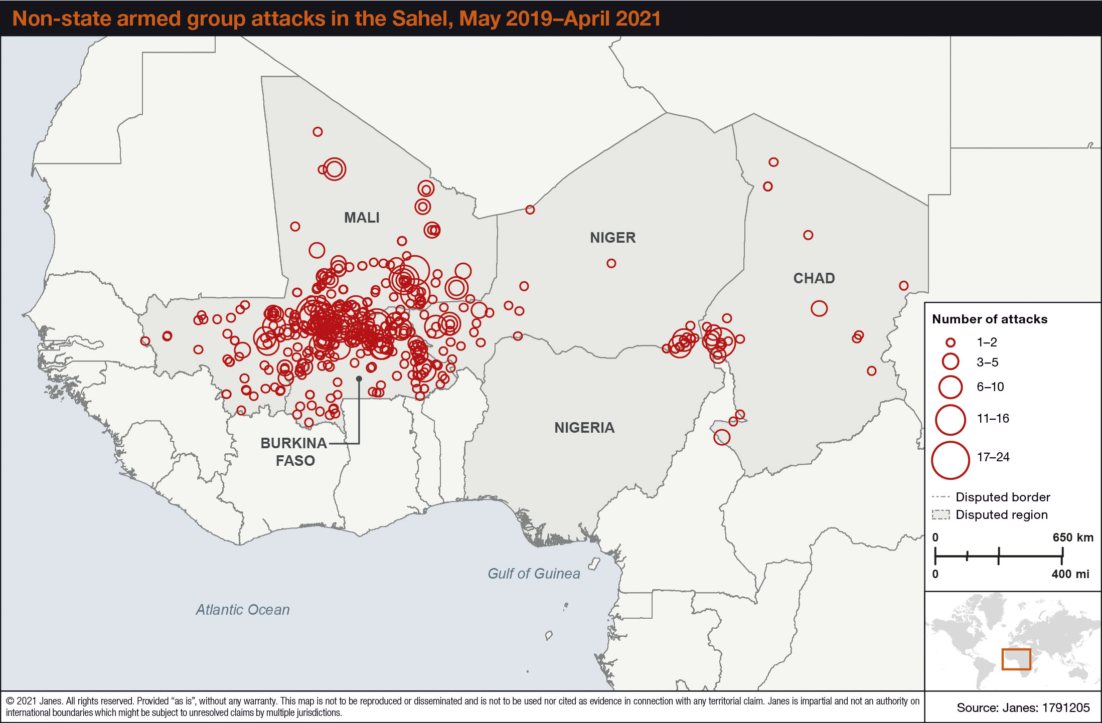 Non-state armed group attacks in the Sahel, May 2019-April 2021. Data provided by Janes Terrorism and Insurgency Centre (JTIC). (©2021 Janes)