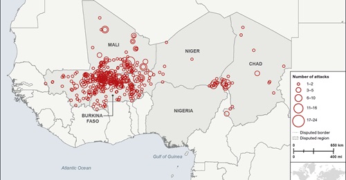 Non-state armed group attacks in the Sahel, May 2019-April 2021. Data provided by Janes Terrorism and Insurgency Centre (JTIC).